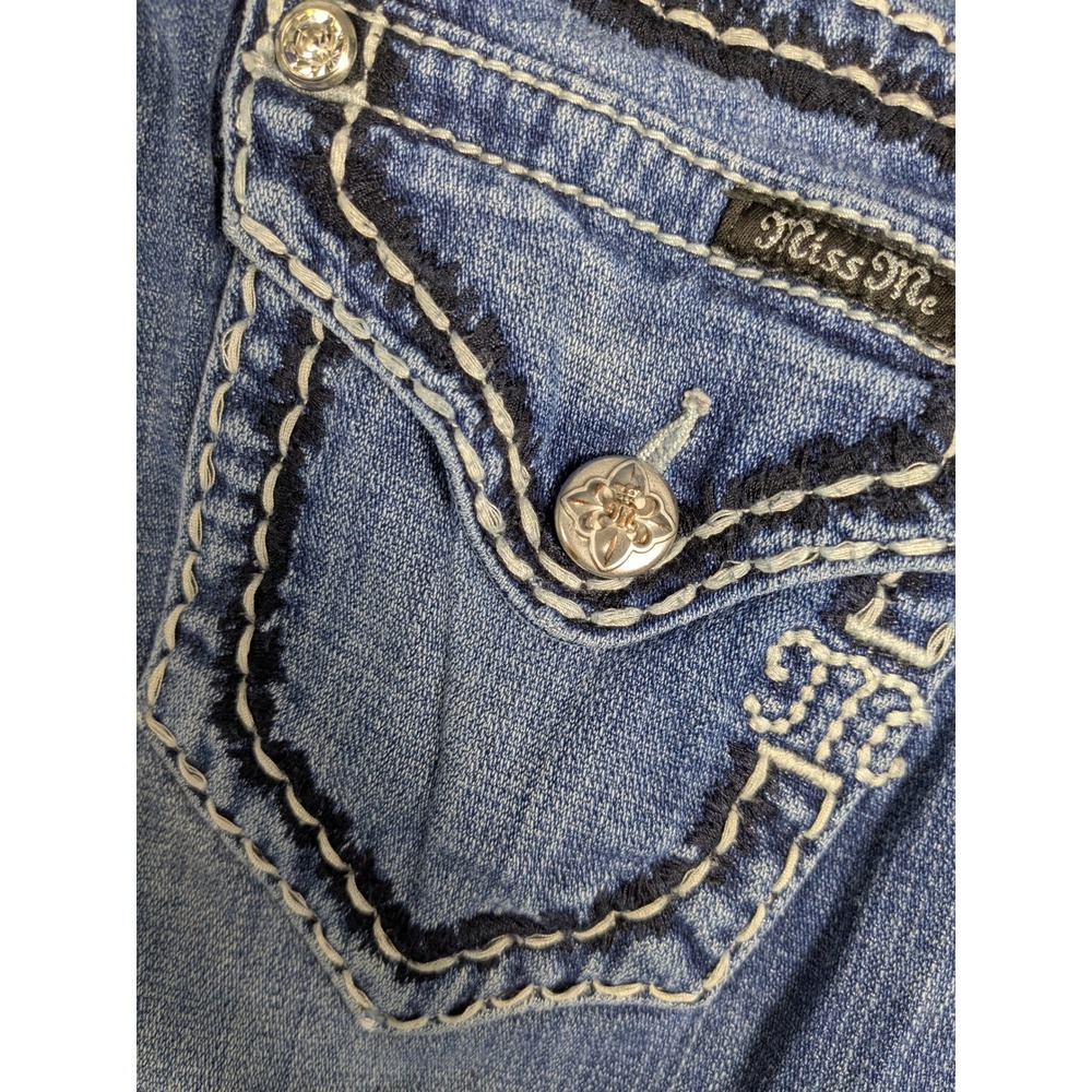 Miss Me Mid Rise Boot Jeans Women Blue Denim Embellished Flap Pockets Fits 30x30